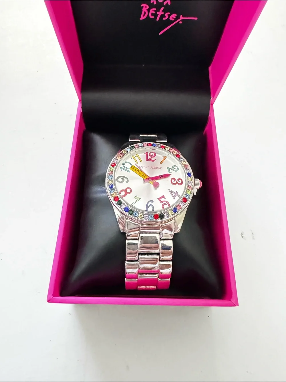 NWT Betsy Johnson Multicolor Crystal Bezel Silver Bracelet Watch